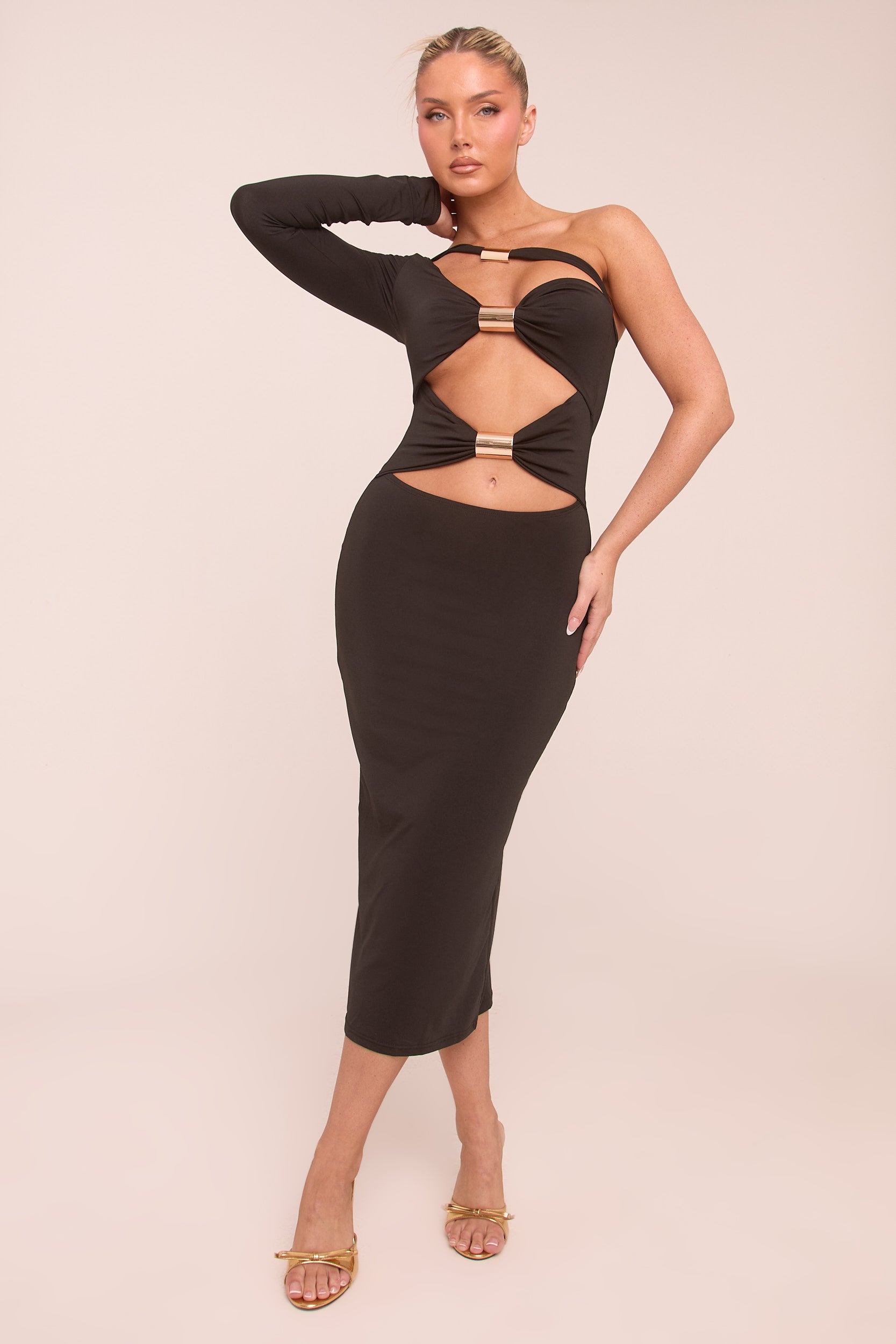 Black One Shoulder Cut Out Metal Trim Midi Dress | Dress | Rebellious Fashion Black One Shoulder Cut Out Metal Trim Midi Dress | Dress | Rebellious Fashion