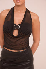 Black Mesh Cowl Neck Sleeveless Top - Sienna