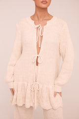 Beige Knit Tie Front Frill Hem Cardigan & Straight Leg Trouser Loungewear Co-ord Set - Julianna