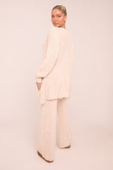 Beige Knit Tie Front Frill Hem Cardigan & Straight Leg Trouser Loungewear Co-ord Set - Julianna