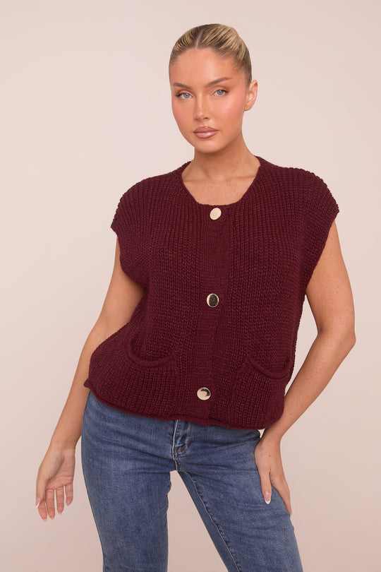 Burgundy Knit Button Up Sleeveless Cardigan - Sally