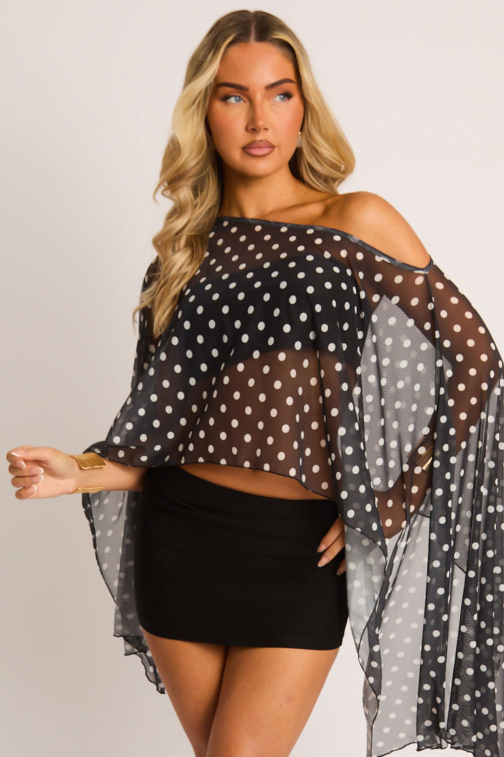 Black Polka Dot Slash Neck Mesh Cape Top - Ellis