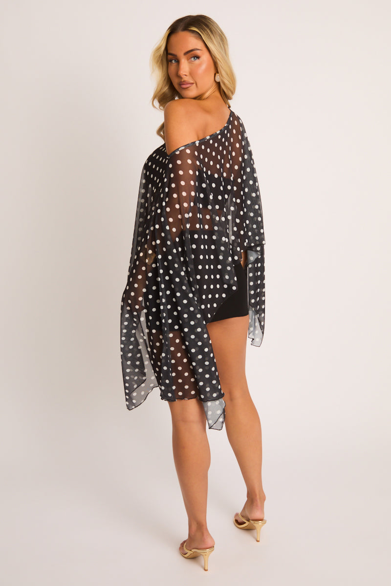 Black Polka Dot Slash Neck Mesh Cape Top - Ellis