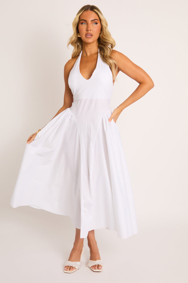 White Halterneck Drop Waist Midaxi Dress | Dresses