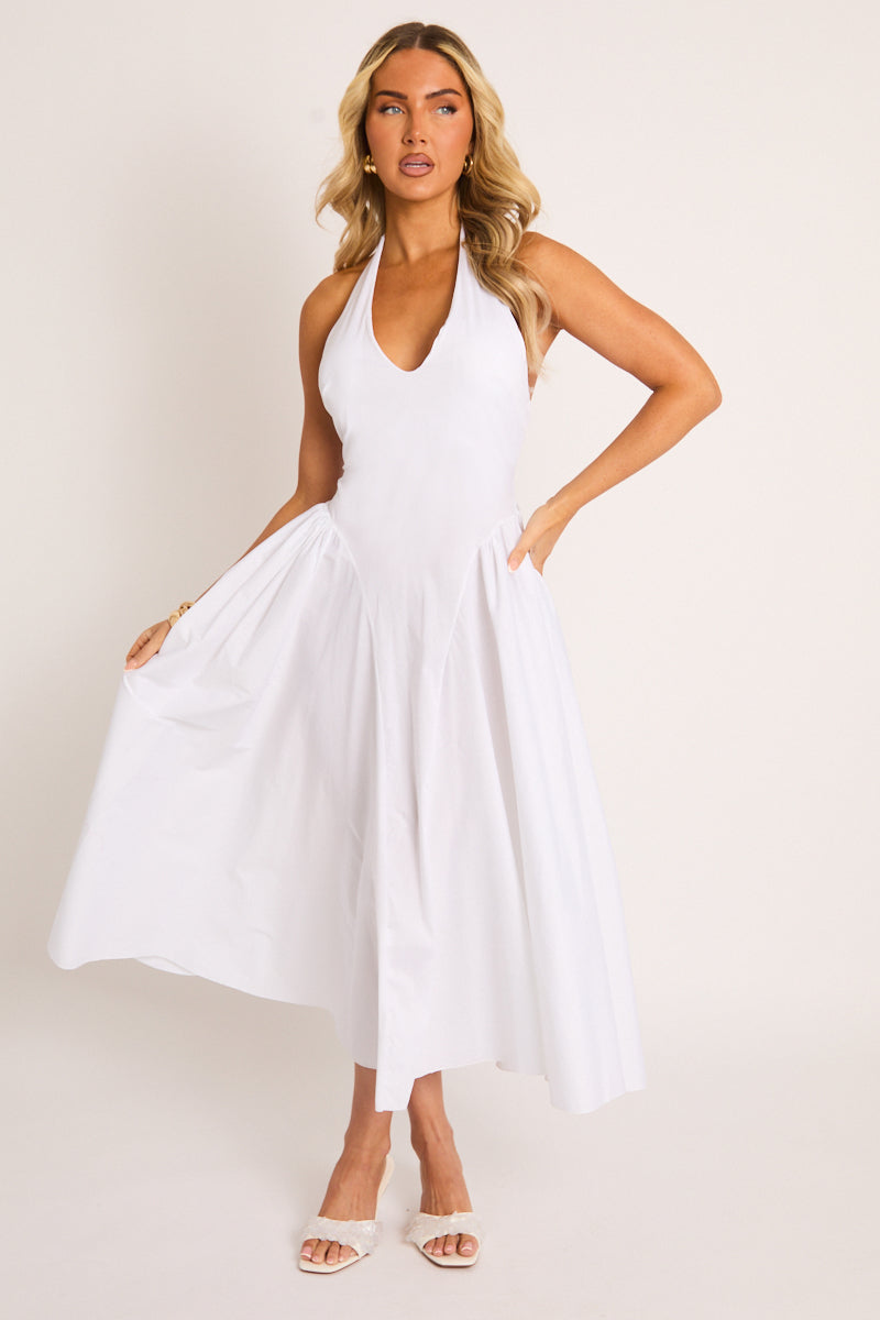 White Halterneck Drop Waist Midaxi Dress - Azari