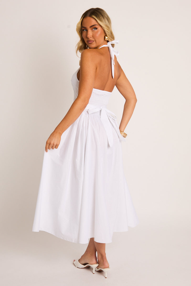 White Halterneck Drop Waist Midaxi Dress - Azari