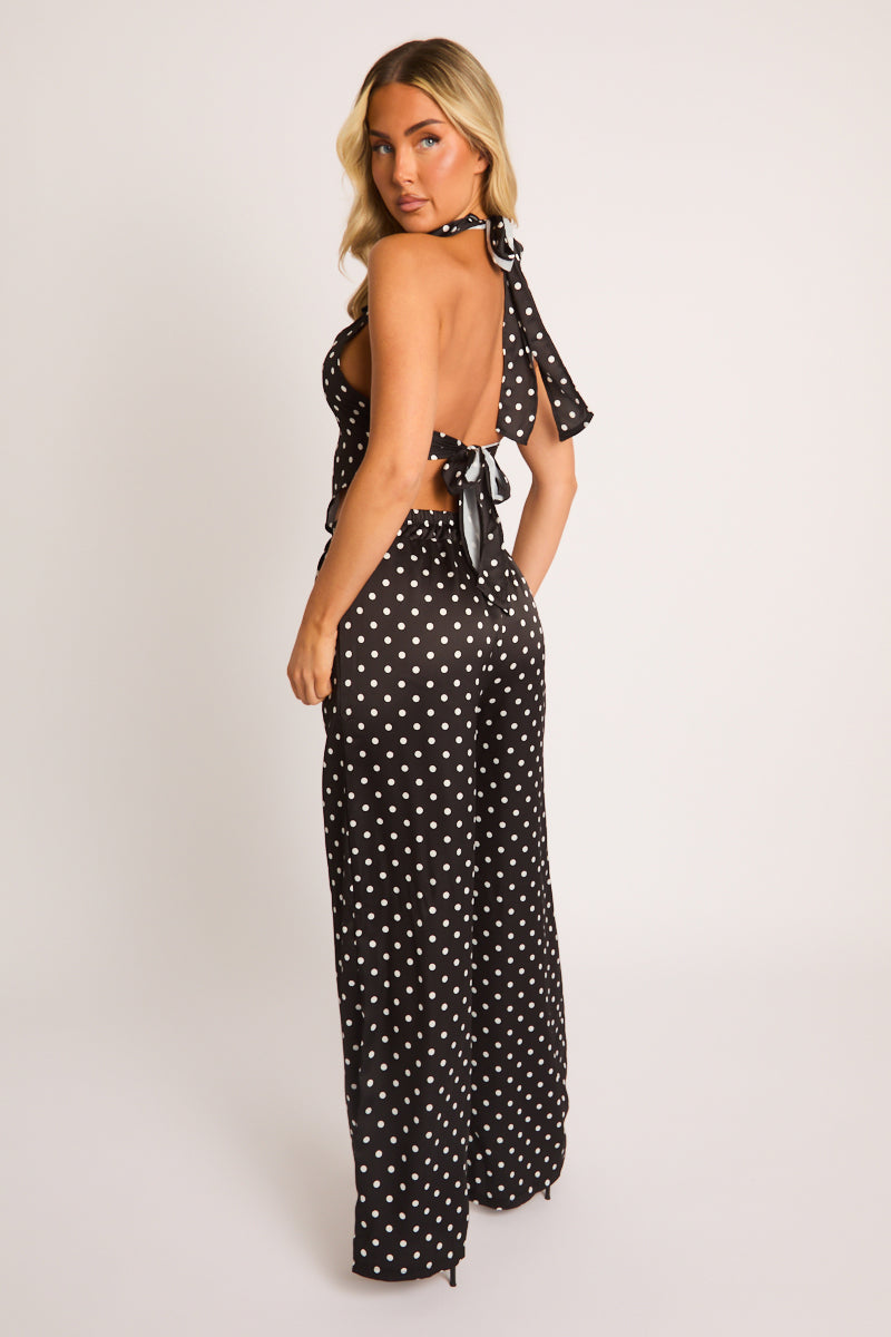 Black Satin Polka Dot Halterneck Cowl Top and Trousers Co-ord Set - Tamzin