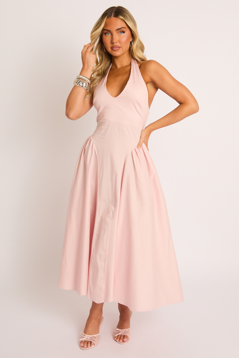 Pink Halterneck Drop Waist Midaxi Dress | Dresses | Rebellious Fashion Pink Halterneck Drop Waist Midaxi Dress | Dresses | Rebellious Fashion