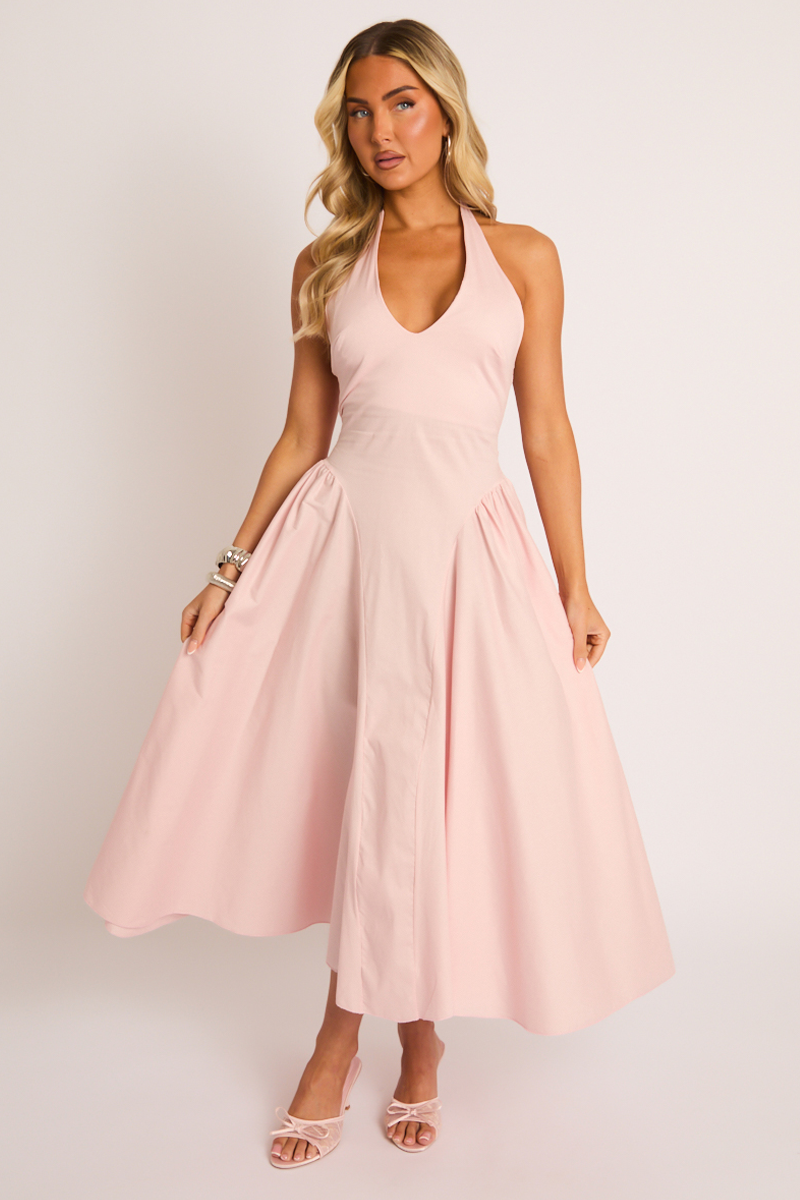 Pink Halterneck Drop Waist Midaxi Dress - Azari