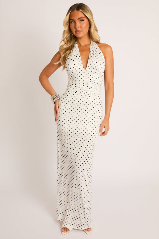 White Polka Dot Halterneck Tie Back Maxi Dress - Amalfie