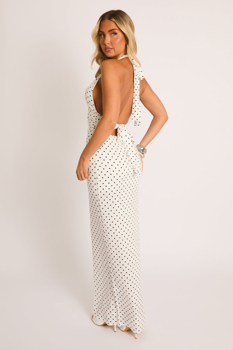 White Polka Dot Halterneck Tie Back Maxi Dress - Amalfie