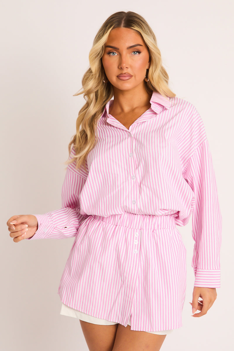 Pink Stripe Button Up Shirt and Shorts Co-ord Set - Kennedy