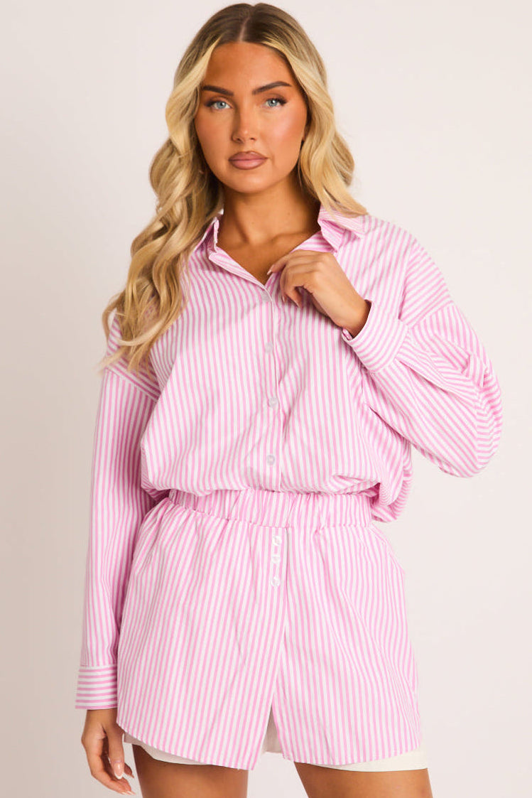 Pink Stripe Button Up Shirt and Shorts Co-ord Set - Kennedy