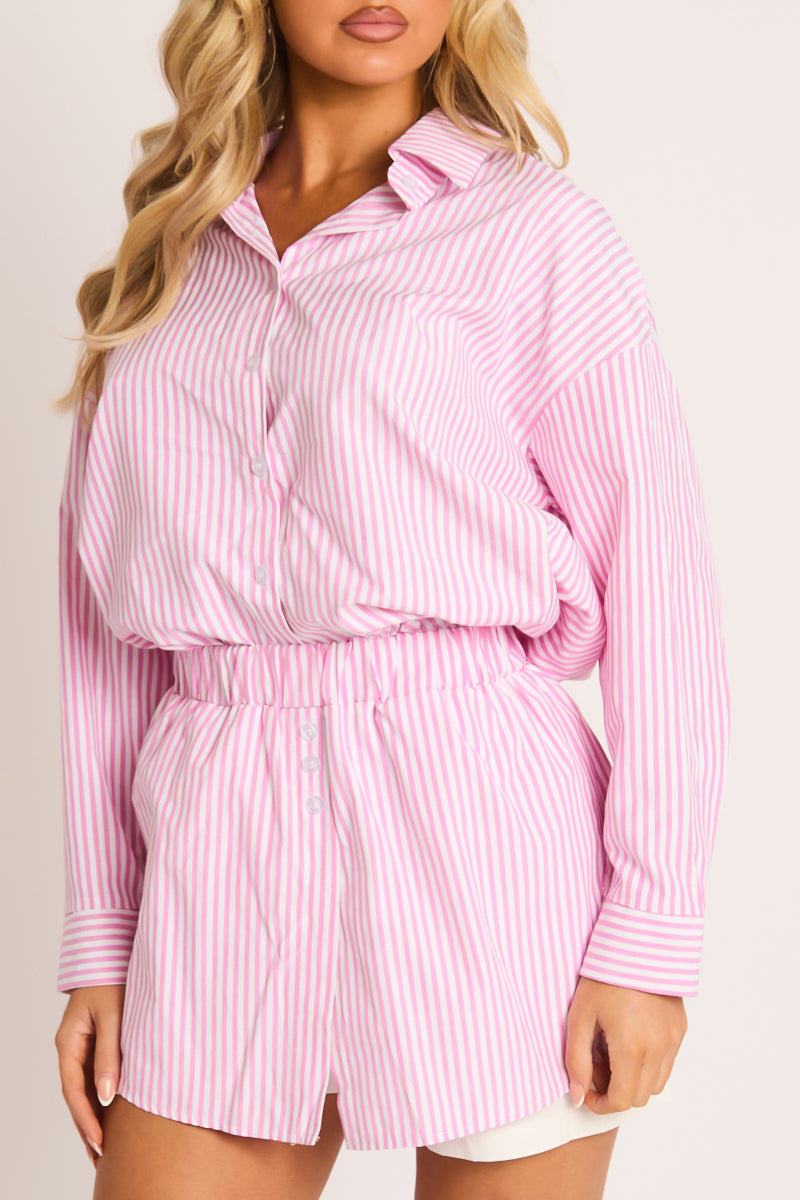 Pink Stripe Button Up Shirt and Shorts Co-ord Set - Kennedy