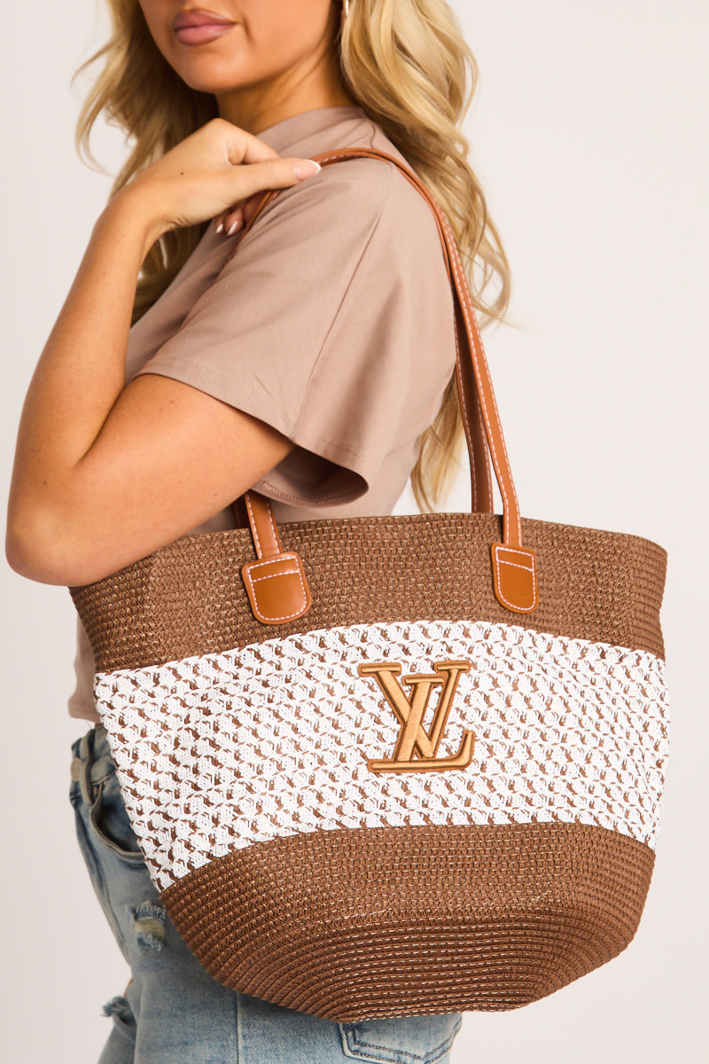 Brown Logo Colour Block Woven Raffia Tote Bag - Shardy
