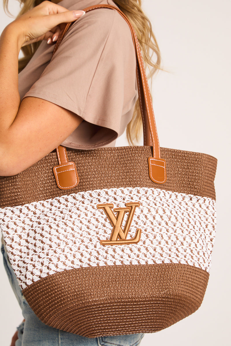 Brown Logo Colour Block Woven Raffia Tote Bag - Shardy