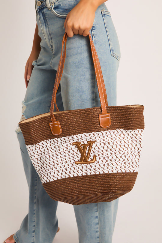 Brown Logo Colour Block Woven Raffia Tote Bag - Shardy