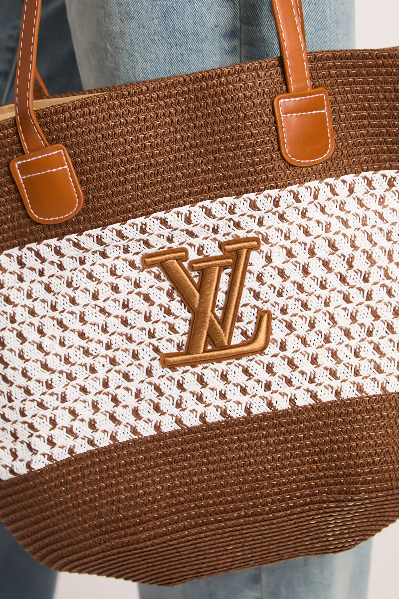 Brown Logo Colour Block Woven Raffia Tote Bag - Shardy