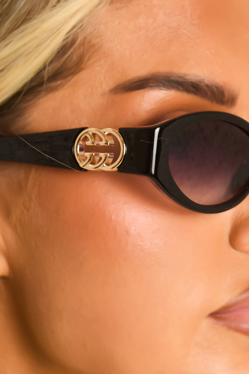 Black Logo Detail Oval Sunglasses - Avah