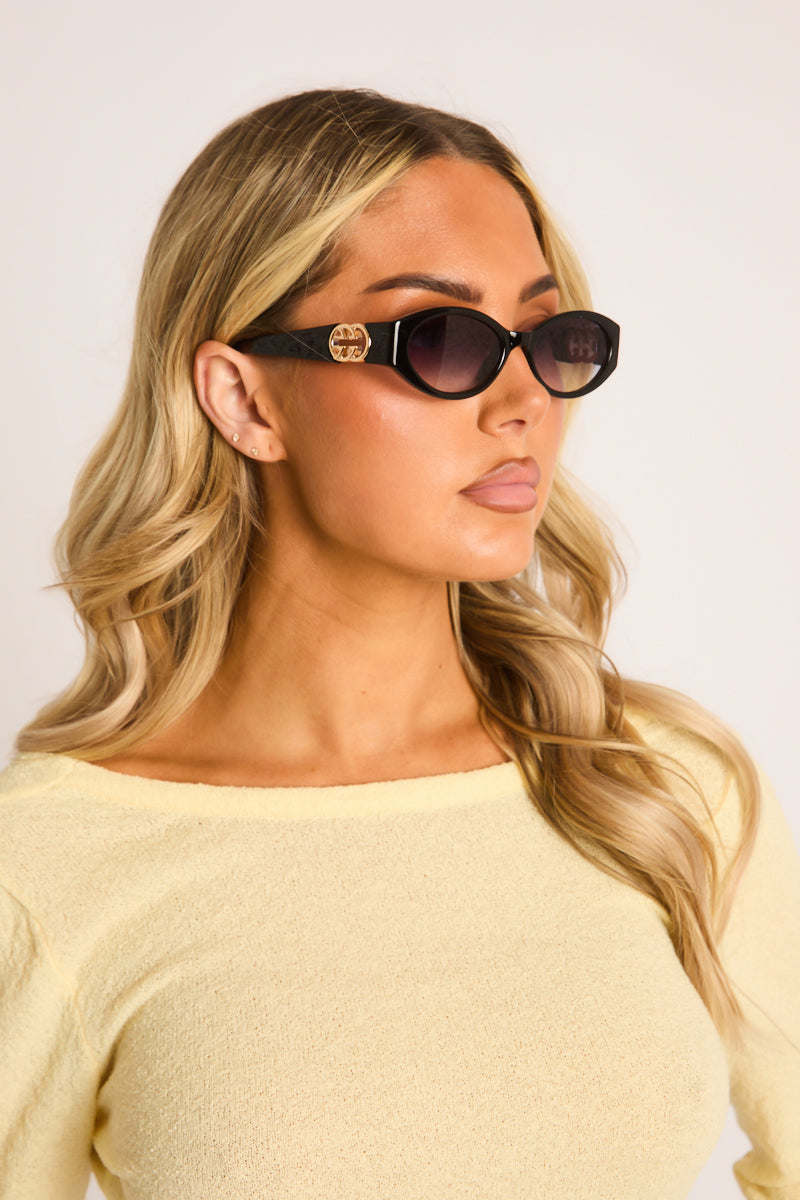 Black Logo Detail Oval Sunglasses - Avah