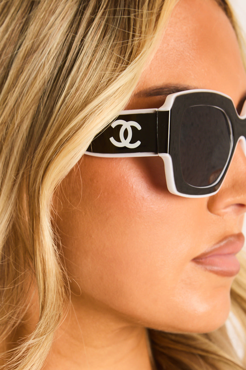 Black Logo Detail Contrast Trim Square Sunglasses - Tia