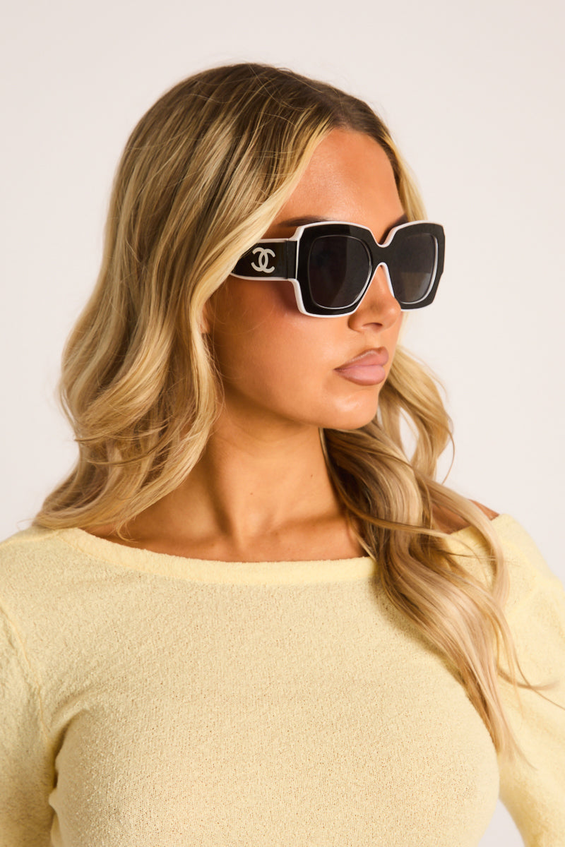 Black Logo Detail Contrast Trim Square Sunglasses - Tia