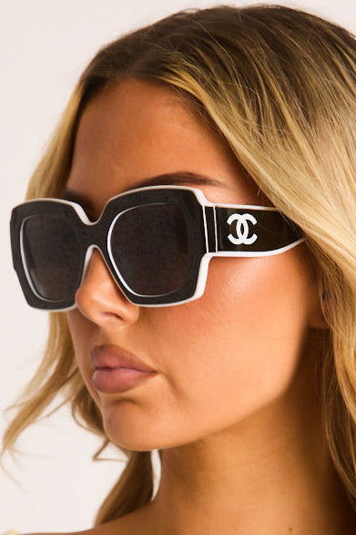 Black Logo Detail Contrast Trim Square Sunglasses - Tia