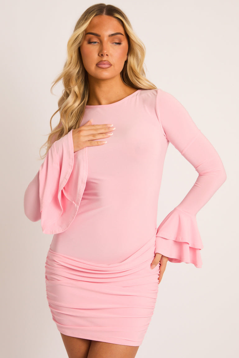 Pink Ruffle Long Sleeve Mini Dress - Sahara