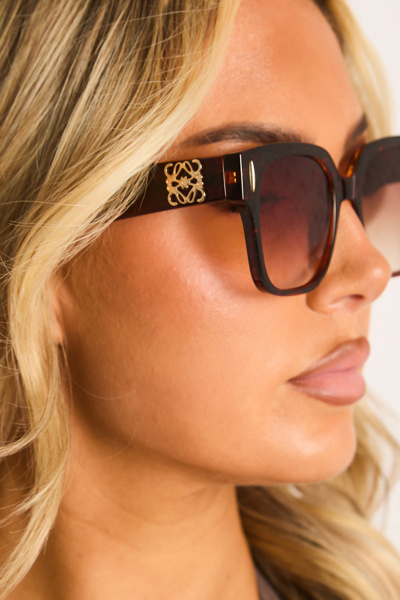 Brown Tortoise Shell Logo Detail Oversized Square Sunglasses - Janice