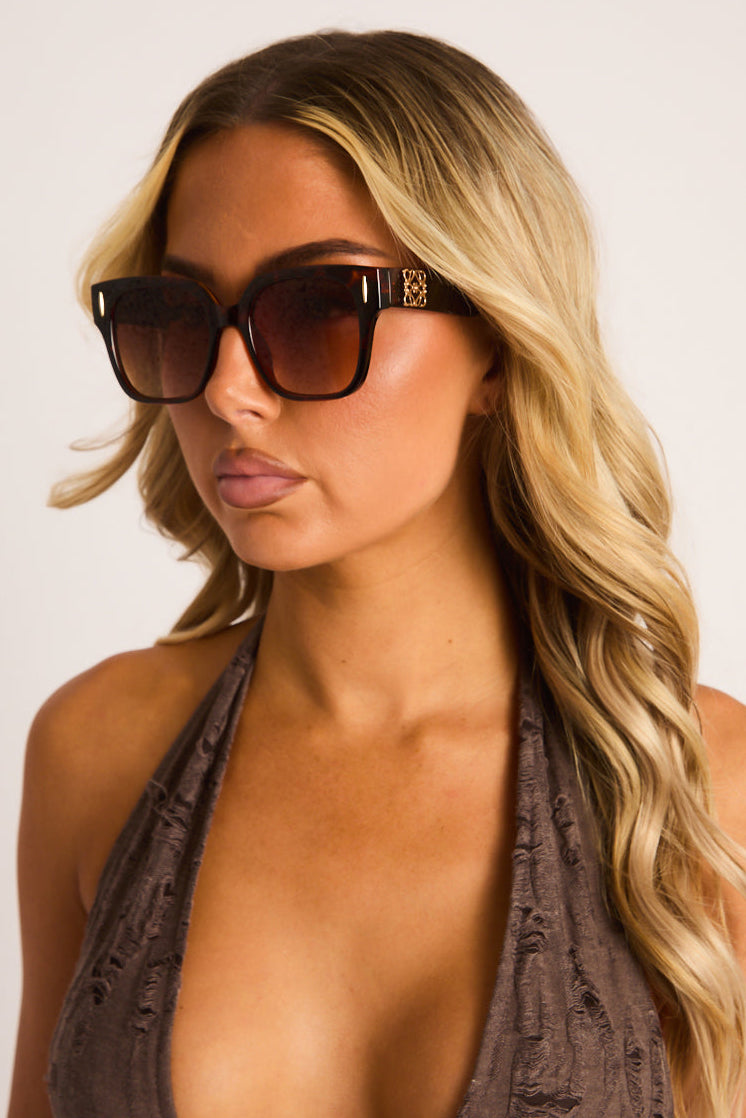 Brown Tortoise Shell Logo Detail Oversized Square Sunglasses - Janice