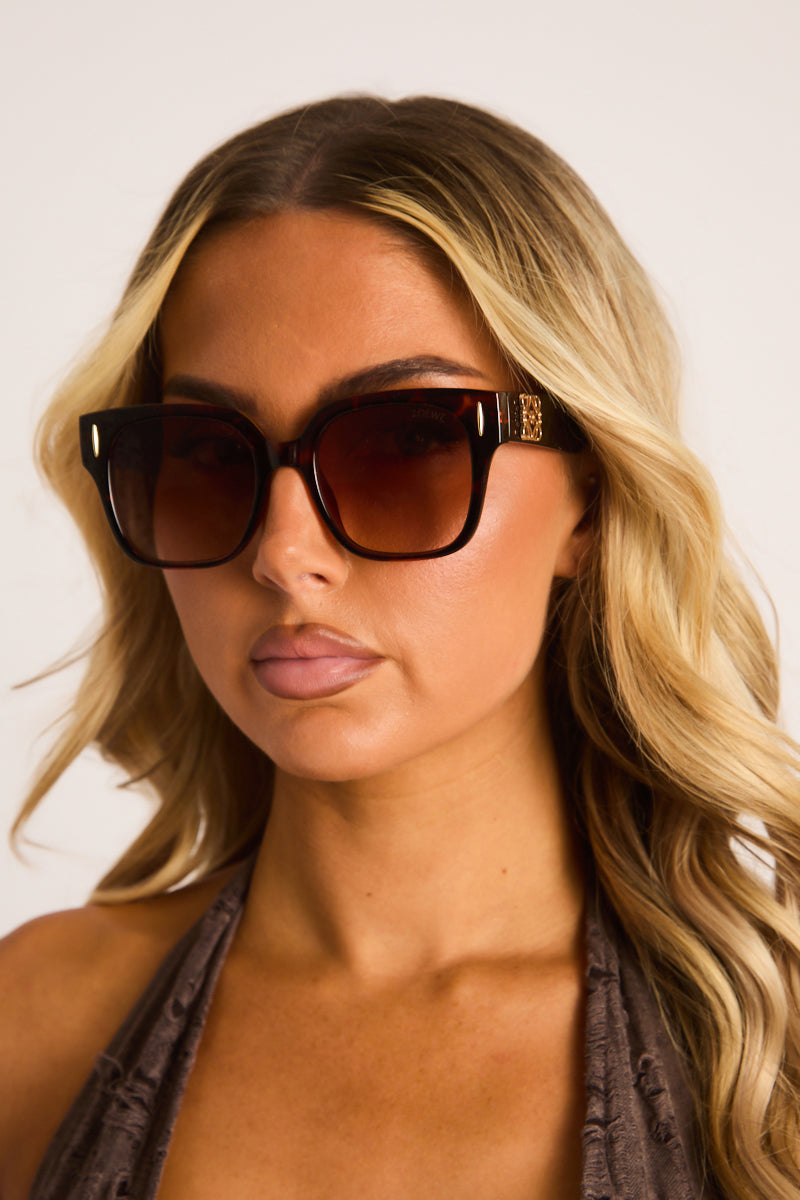 Brown Tortoise Shell Logo Detail Oversized Square Sunglasses - Janice