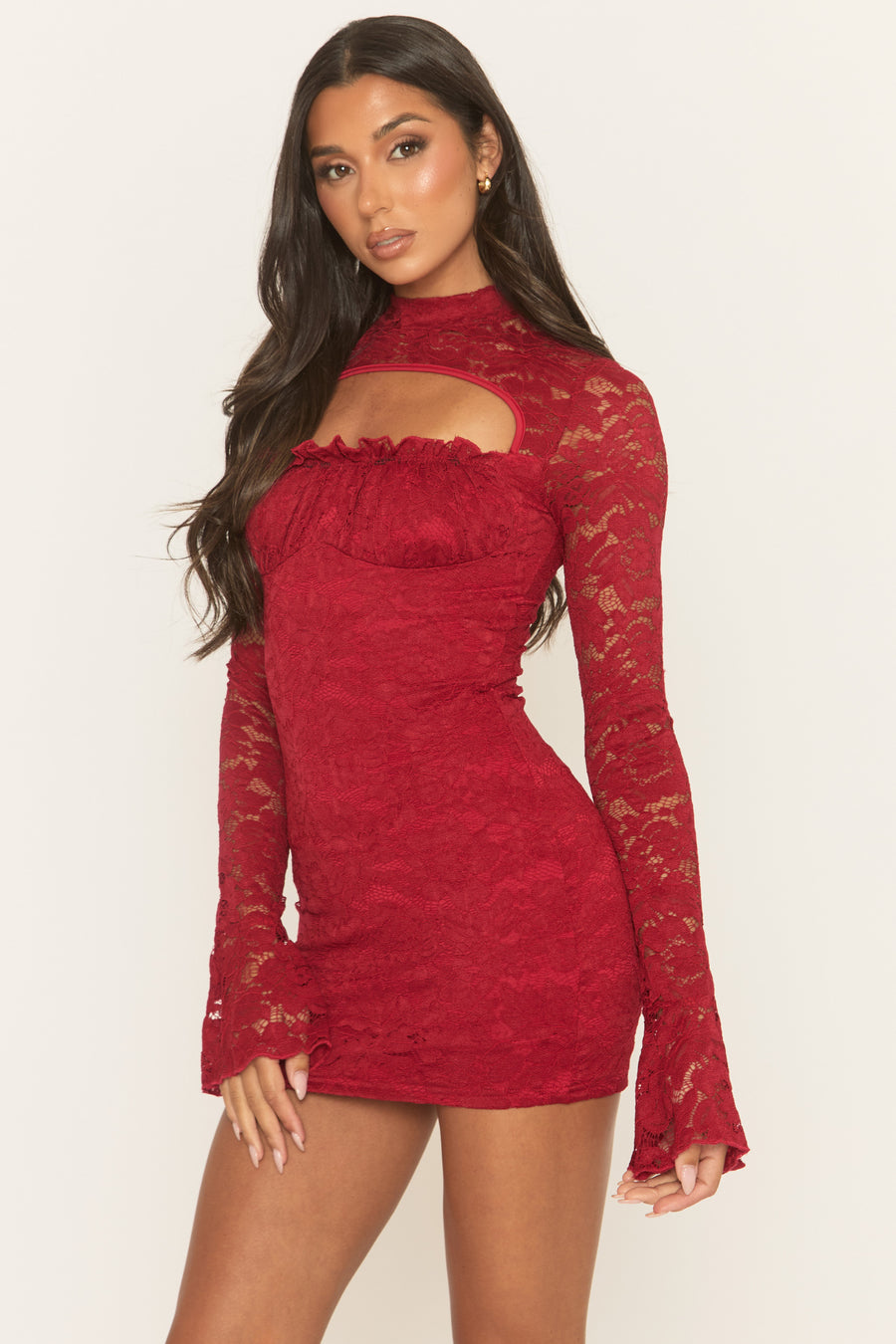 Wine Long Sleeve Cut Out Mini Dress - Atha