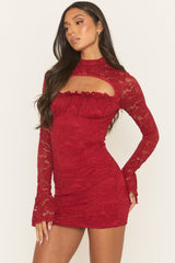 Wine Long Sleeve Cut Out Mini Dress - Atha