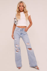 Light Blue Distressed Straight Leg Jeans - Angela