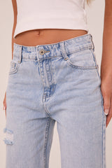 Light Blue Distressed Straight Leg Jeans - Angela