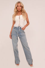 Cream Embroidered Lace Up Detail Crop Top - Parker