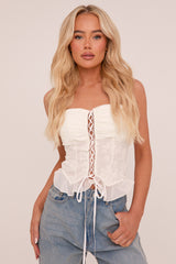 Cream Embroidered Lace Up Detail Crop Top - Parker