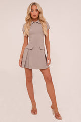 Beige Zip Front Pleat Detail Mini Dress - Finley