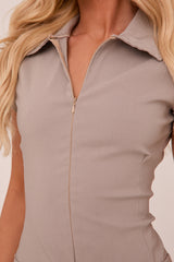 Beige Zip Front Pleat Detail Mini Dress - Finley