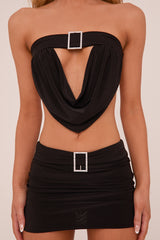 Black Buckle Detail Cropped Top & Mini Skirt Co-ord Set - Charlotte