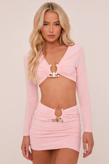 Pink Metal Trim Cropped Top & Mini Skirt Co-ord Set - Callie