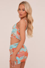 Blue Abstract Print Ruched Crop Top & Mini Skirt Co-ord Set - Presley