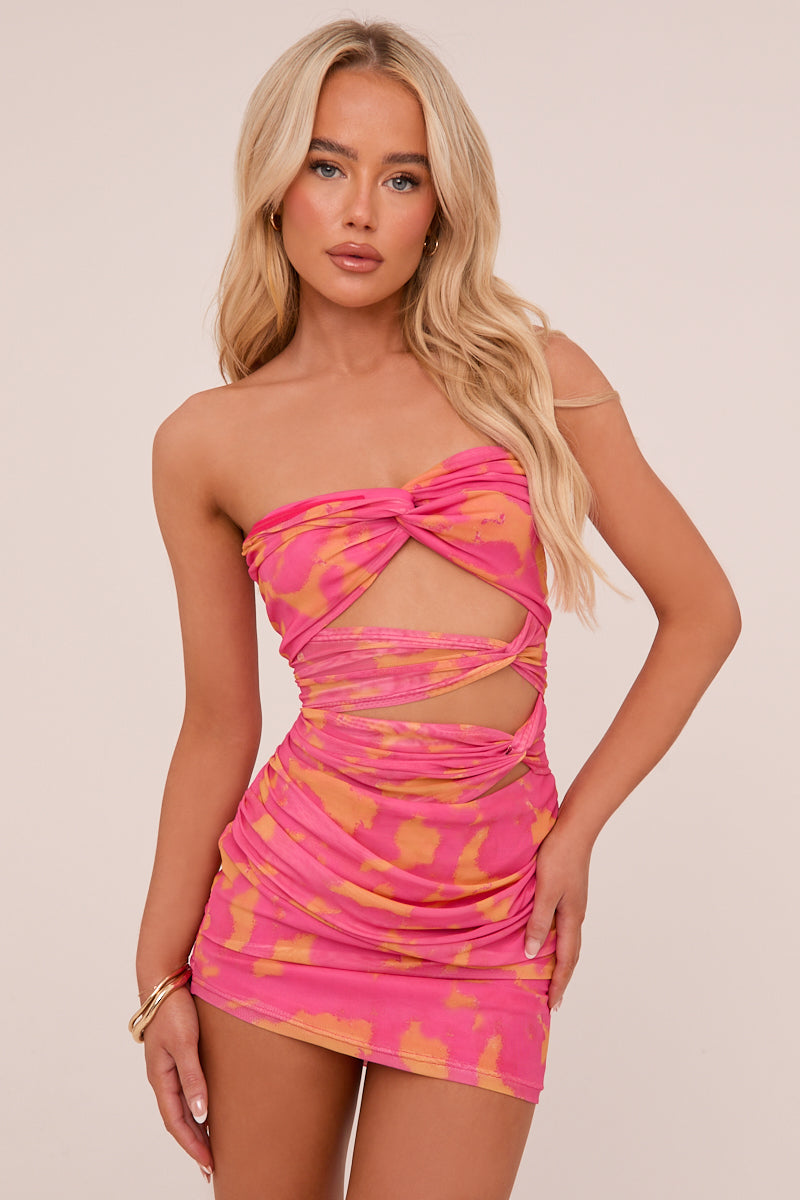 Pink Abstract Print Cut Out Bodycon Mini Dress - Leah