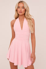 Pink Halter Plunge Neck Mini Dress - Pippa
