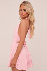 Pink Halter Plunge Neck Mini Dress - Pippa