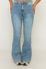Mid Blue Washed Stretch Flared Leg Jeans - Briani