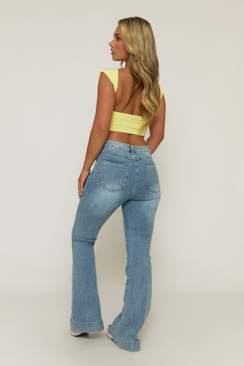 Mid Blue Washed Stretch Flared Leg Jeans - Briani