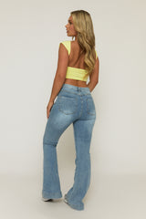 Mid Blue Washed Stretch Flared Leg Jeans - Briani