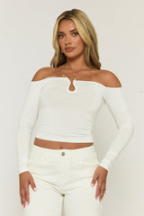 White Bead Trim Long Sleeve Top - Verity