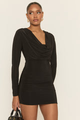 Black Cowl Neck Long Sleeve Bodycon Mini Dress - Oliana